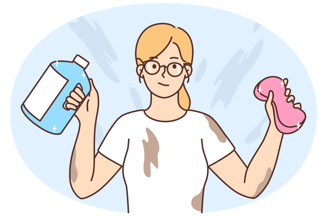 Woman with cleaning bottles dirty after housekeeping  Illustration