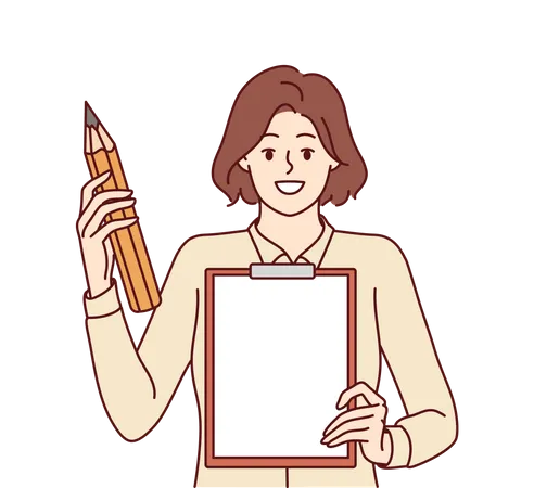 Woman With Clipboard To Create Checklist Or Action Plan And Giant Pencil In Hand Girl Offers To Make Plan To Achieve Success Or Solve Problems And Write Down Tasks That Need To Be Completed On Paper Illustration