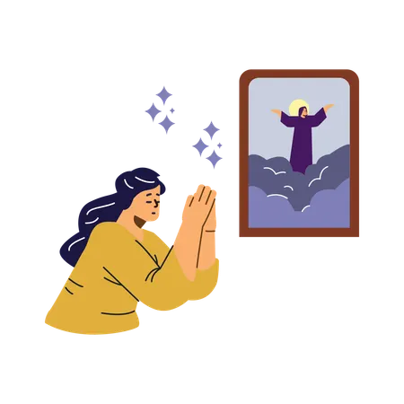 Woman with closed eyes and hands gesture doing prayer  Illustration