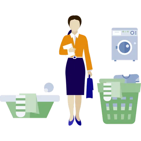 Woman with cloth basket and doing laundry  Illustration