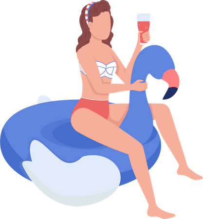 Woman with cocktail on inflatable flaming Illustration