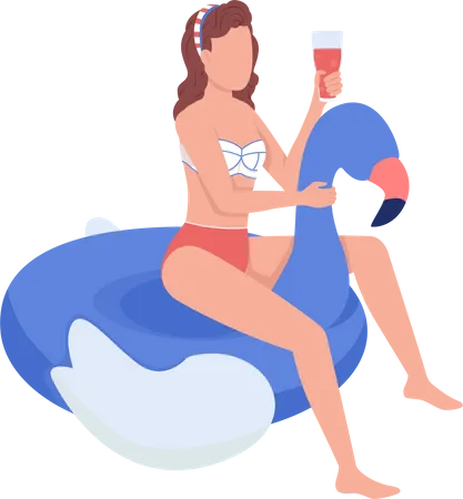Woman With Cocktail On Inflatable Flaming Semi Flat Color Vector Character Sitting Figure Full Body Person On White Poolside Simple Cartoon Style Illustration For Web Graphic Design And Animation Illustration