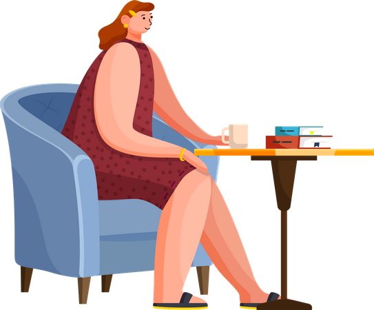 Woman with Coffee and Documents in Cafe  Illustration