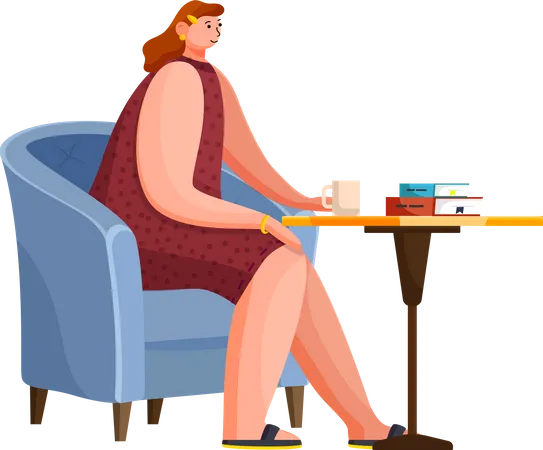 Woman with Coffee and Documents in Cafe  Illustration