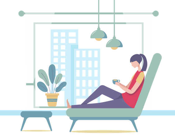 Woman with coffee cup in her living room Illustration