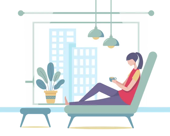 Woman with coffee cup in her living room Illustration