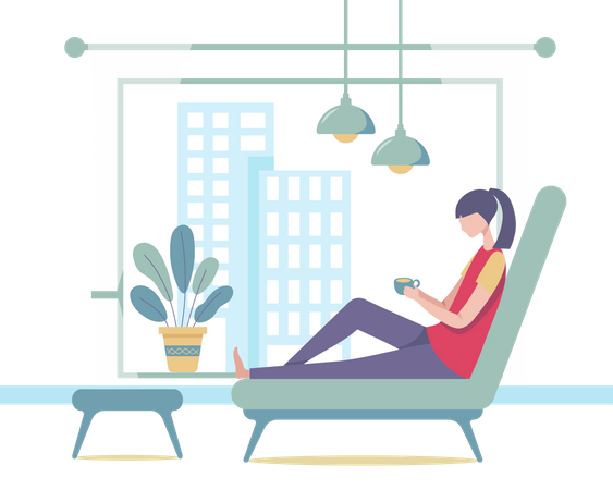 Woman with coffee cup in her living room  Illustration