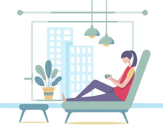 Woman with coffee cup in her living room  Illustration