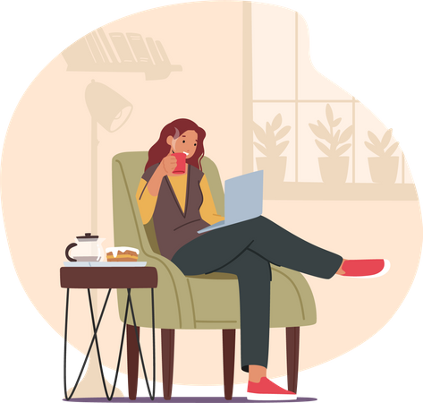 Woman with Coffee Cup Work on Laptop  Illustration