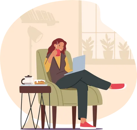 Remote Freelance Work Concept Woman Freelancer Sitting In Comfortable Armchair With Coffee Cup Working Distant On Laptop Creative Employee Character Work At Home Cartoon Vector Illustration Illustration