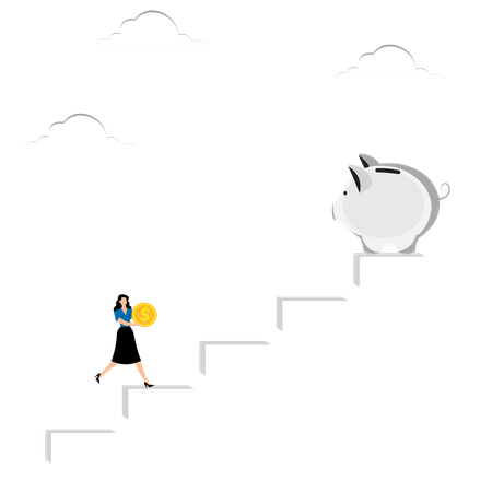 Woman with coin climbs steps to piggy bank  Illustration