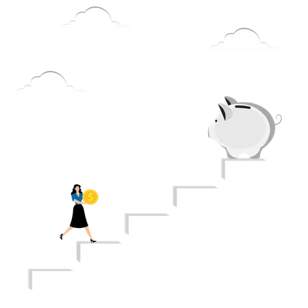 Woman with coin climbs steps to piggy bank  Illustration