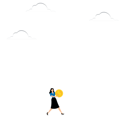 Woman with coin runs in ascending arrow  Illustration