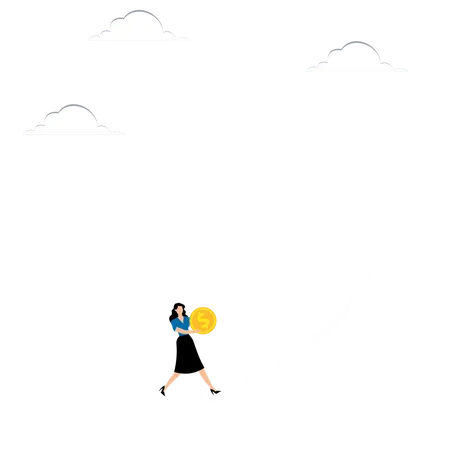 Woman with coin runs in ascending arrow  Illustration