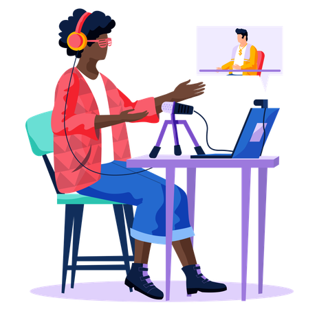Woman with computer is watching broadcast Illustration