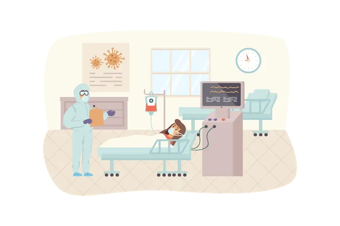Doctor In Protective Suit Visits Hospitalized Patient Scene Woman With Coronavirus Or Viral Infection Lies In Ward Medical Center Concept Vector Illustration Of People Characters In Flat Design Illustration