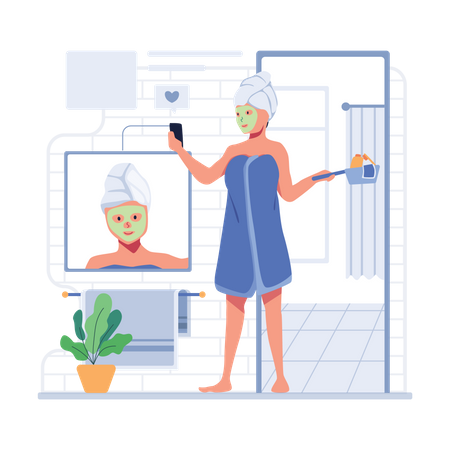 Woman with cosmetic face mask taking selfie using phone  Illustration
