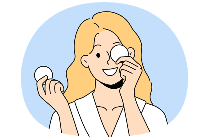 Woman with cotton pads for removing makeup and mascara with lipstick smiling getting ready for bed  Illustration
