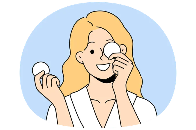Woman with cotton pads for removing makeup and mascara with lipstick smiling getting ready for bed  Illustration