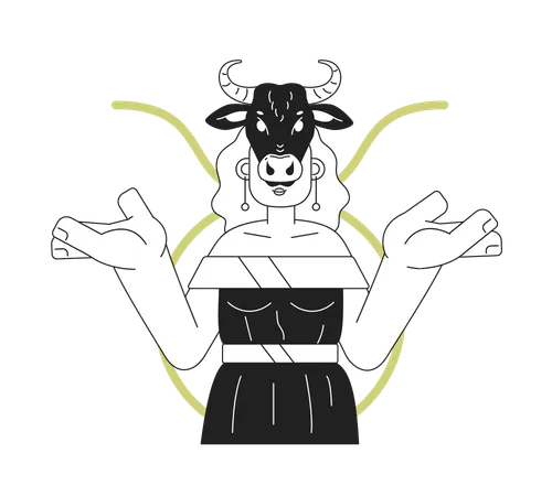 Taurus Zodiac Sign Monochrome Concept Vector Spot Illustration Woman With Cow Skull On Head 2 D Flat Bw Cartoon Character For Web UI Design Astrology Isolated Editable Hand Drawn Hero Image Illustration