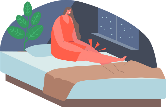 Woman with Cramps in Knees in her Bedroom  Illustration