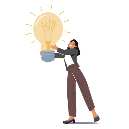 Tiny Female Character With Huge Glowing Light Bulb In Hands Businesswoman Has Creative Idea Muse Business Vision Educational Insight And Motivation Business Success Cartoon Vector Illustration Illustration