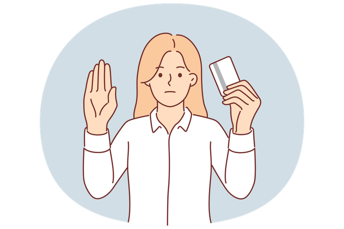 クレジットカードを持つ女性が、銀行のサービスを利用せず現金で支払うよう促すジェスチャーをしている。  イラスト