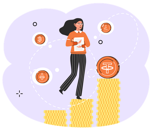 Woman with crypto investment growth Illustration