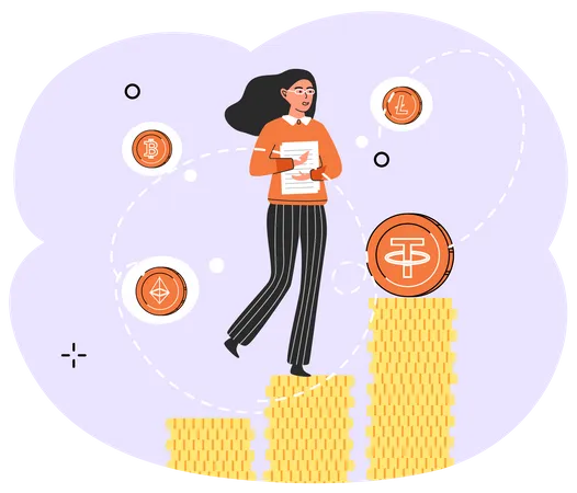 Woman with crypto investment growth  Illustration