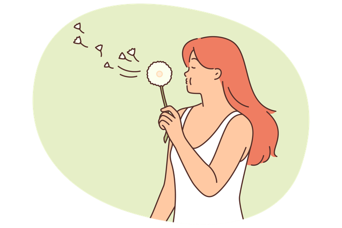 Woman with dandelion stands in spring field and blows on flower  Illustration