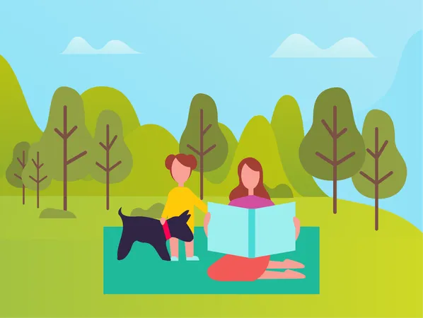 Woman With Daughter Sitting On Blanket In Park And Reading Book Mother And Girl Resting In Green Spring Forest With Dog Pet Spending Time Together Outdoors Illustration