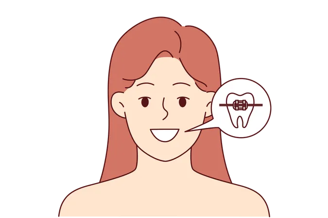 Woman with dental braces shows beautiful smile obtained thanks to trip to dentist or orthodontist  Illustration