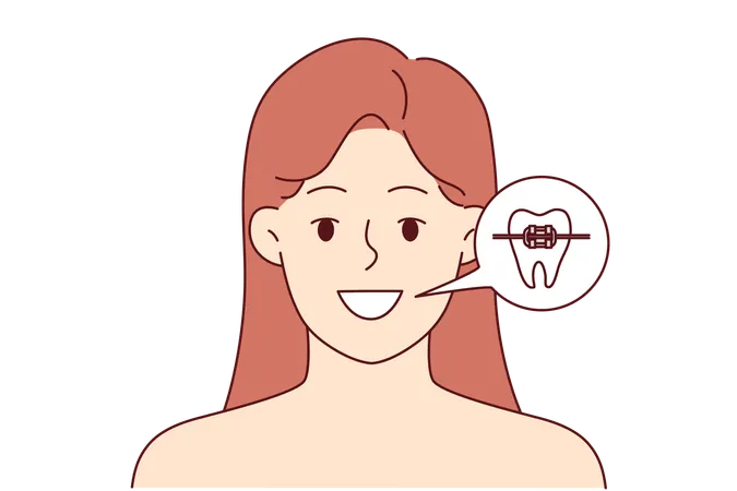 Woman with dental braces shows beautiful smile obtained thanks to trip to dentist or orthodontist  イラスト