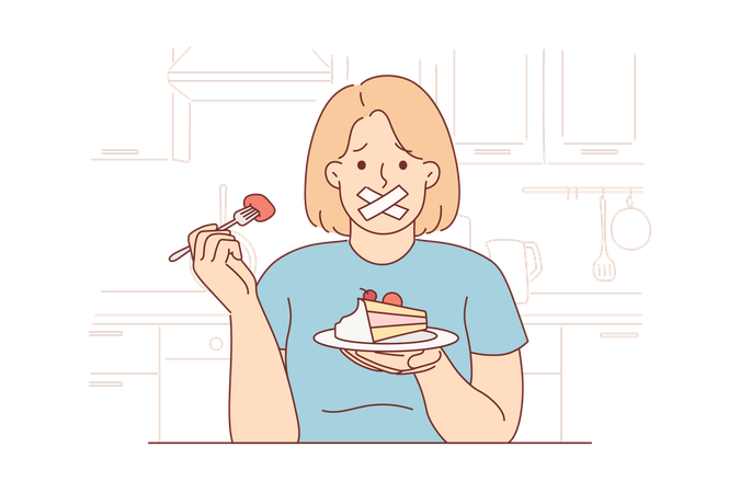 Woman with dessert in hands and suffering because of ban on eating sweet foods  Illustration