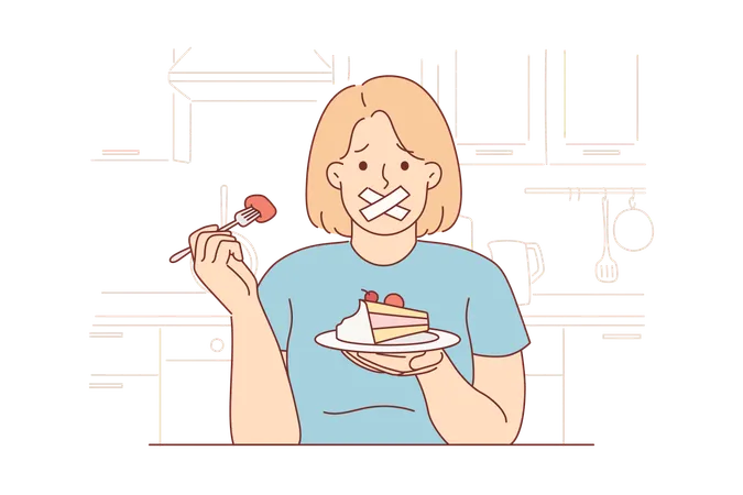 Woman with dessert in hands and suffering because of ban on eating sweet foods  Illustration