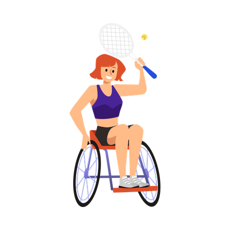 Woman with disabilities in wheelchair playing tennis sport game, flat vector.  Illustration
