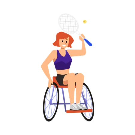 Woman with disabilities in wheelchair playing tennis sport game, flat vector.  Illustration