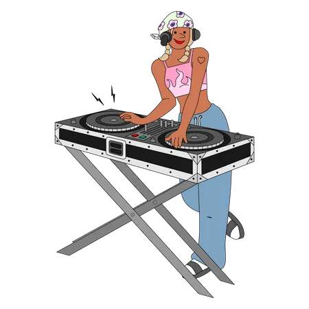 Woman With DJ Controller Vector Illustration In Line Filled Design Illustration