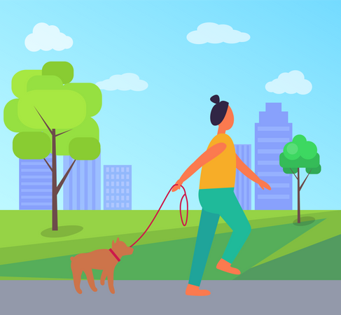 Woman with Dog in Park  Illustration