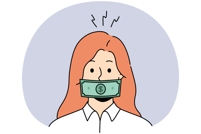 Woman with dollar banknote on mouth get bribe  Illustration