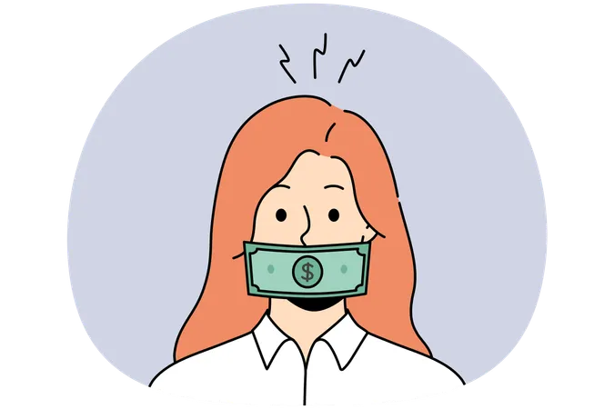 Woman with dollar banknote on mouth get bribe  Illustration