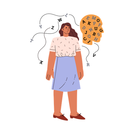 Woman with dyslexia having reading difficulties  Illustration