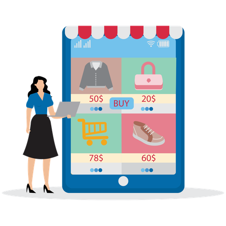 Woman with E-commerce Shopping Cart  Illustration