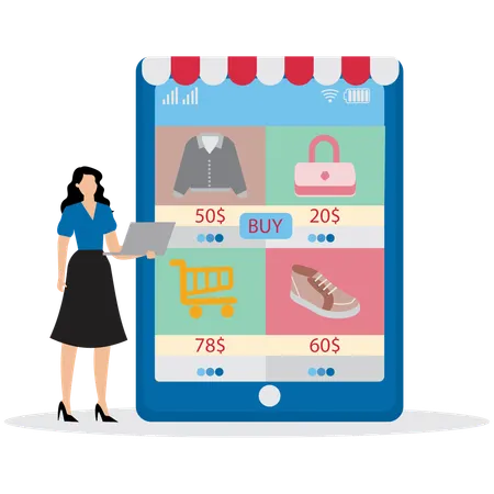 Woman with E-commerce Shopping Cart  Illustration