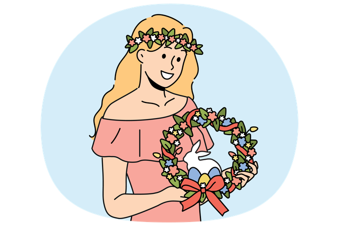 Woman with easter wreath on head smiles and holding colored eggs and miniature rabbit  Illustration