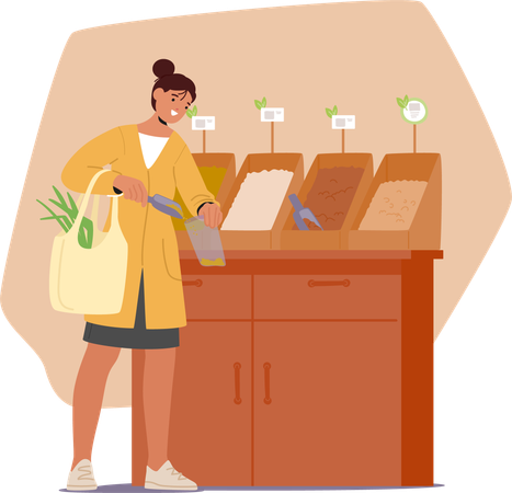 Woman With Eco Bag Carefully Selects Sustainable Products In Market Store  Illustration