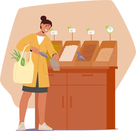 Woman With Eco Bag Carefully Selects Sustainable Products In Market Store  Illustration