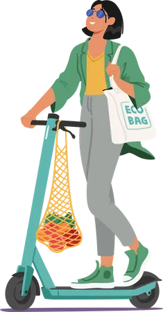 Woman With Eco Bag on Shoulder Using Eco-friendly Transport  Illustration