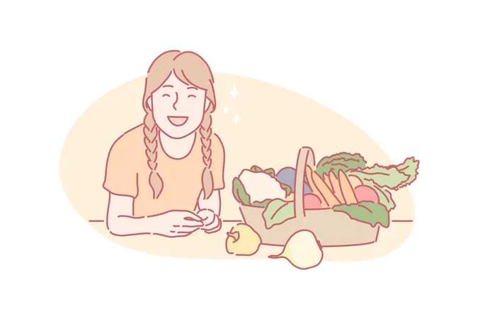 Harvesting Eco Vegan Food Concept Happy Girl Sits Near Basket Of Vegetarian Food Basket Of Vegetables Was Brought By Child From Harvesting Kid Likes Healthy Nutrition Simple Flat Vector Illustration