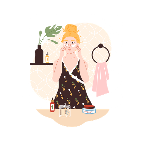 Woman with eye patches skin care mask at the bathroom  Illustration